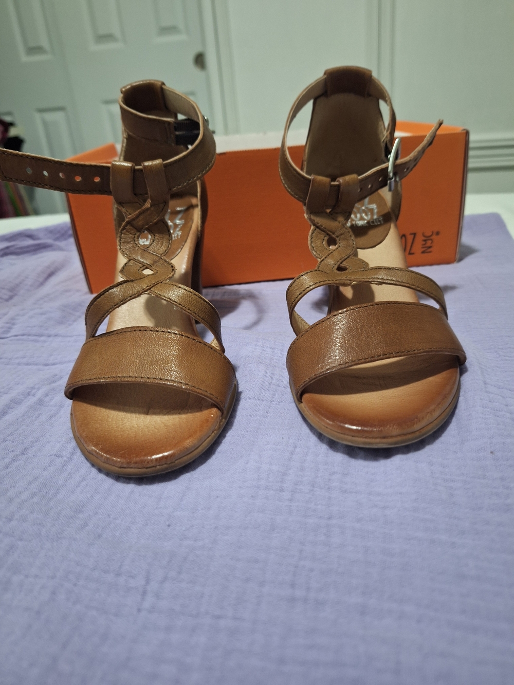 Miz Mooz Brown Strappy Ankle Strap Heels.